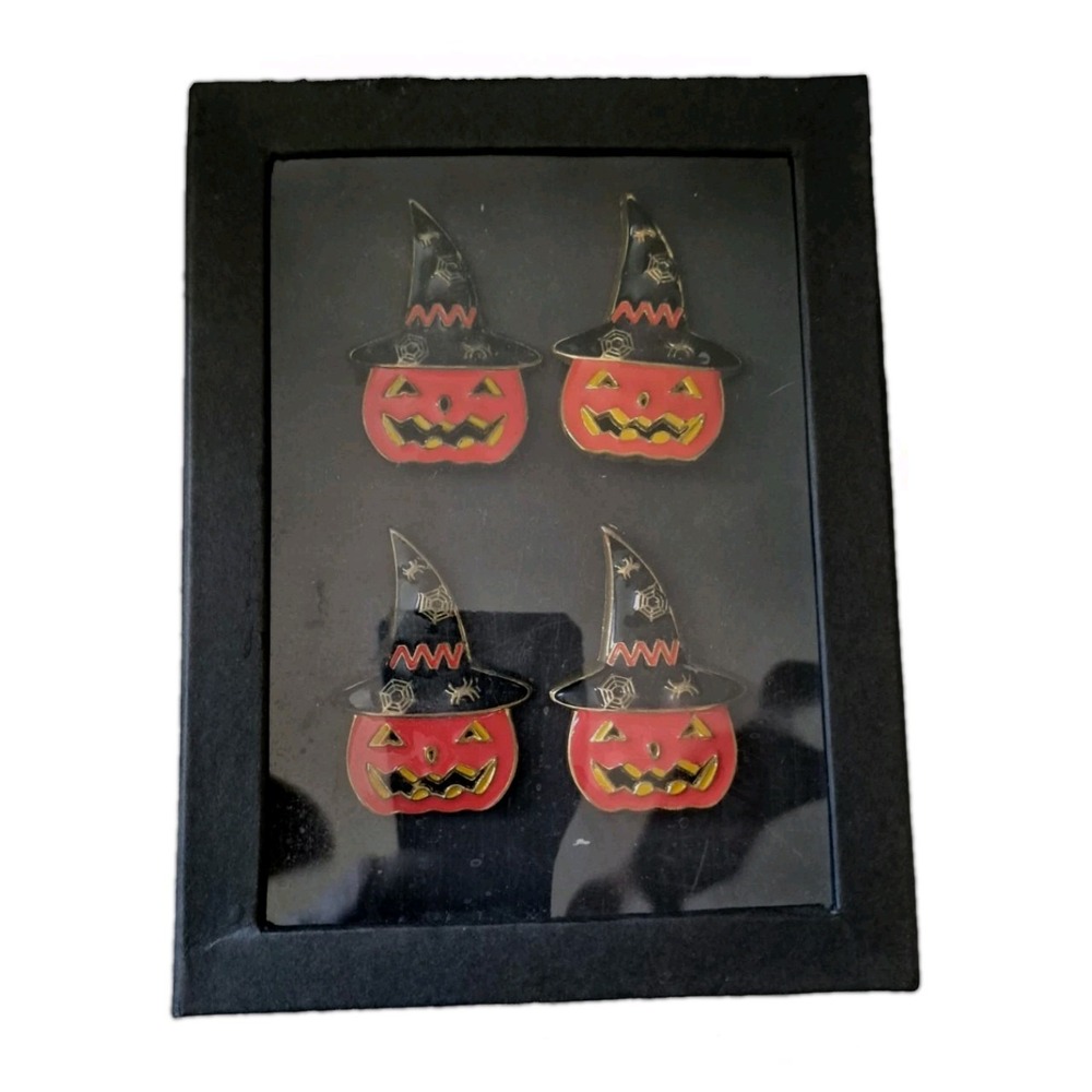 Tahari Home Set of 4 Halloween Pumpkin Witch Hat Metal Enamel Napkin Rings
